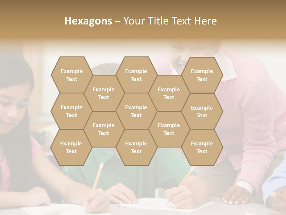 Teacher And Pupil In Elementary School Classroom Working On Written Project PowerPoint Template