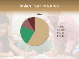 Teacher And Pupil In Elementary School Classroom Working On Written Project PowerPoint Template