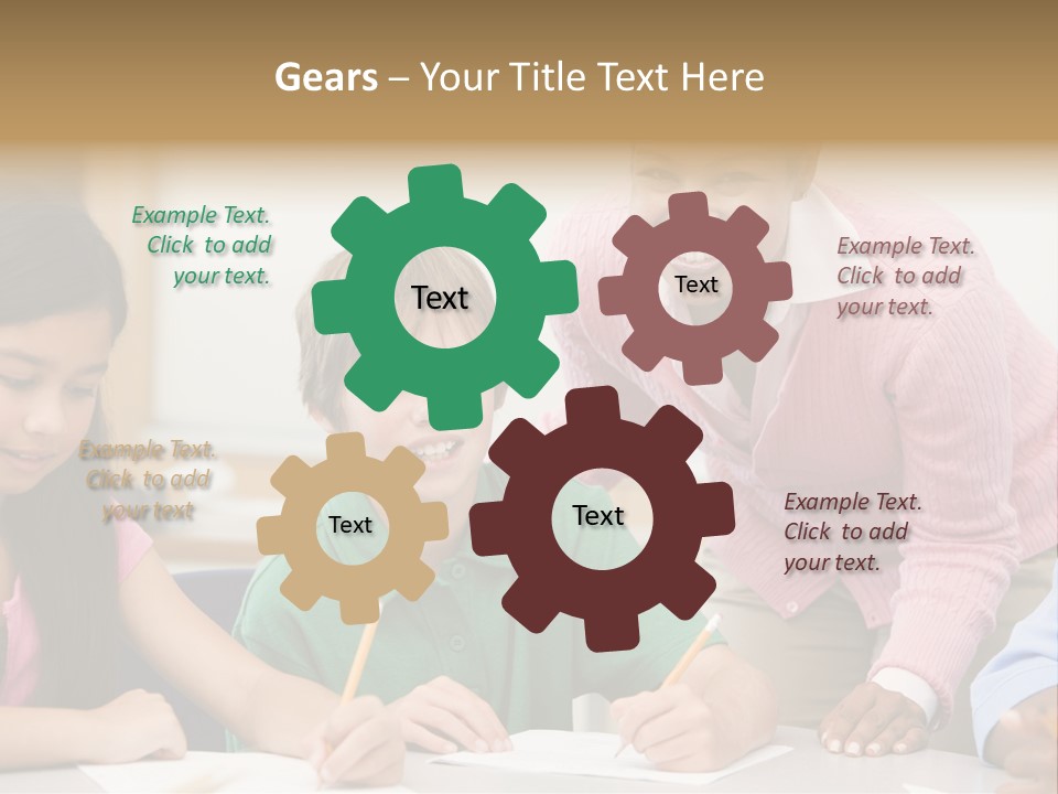 Teacher And Pupil In Elementary School Classroom Working On Written Project PowerPoint Template