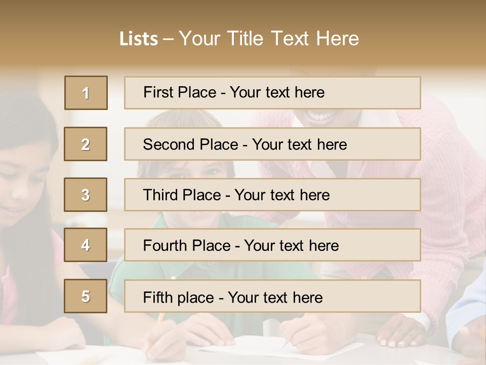 Teacher And Pupil In Elementary School Classroom Working On Written Project PowerPoint Template
