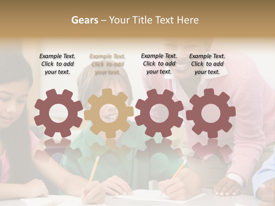 Teacher And Pupil In Elementary School Classroom Working On Written Project PowerPoint Template