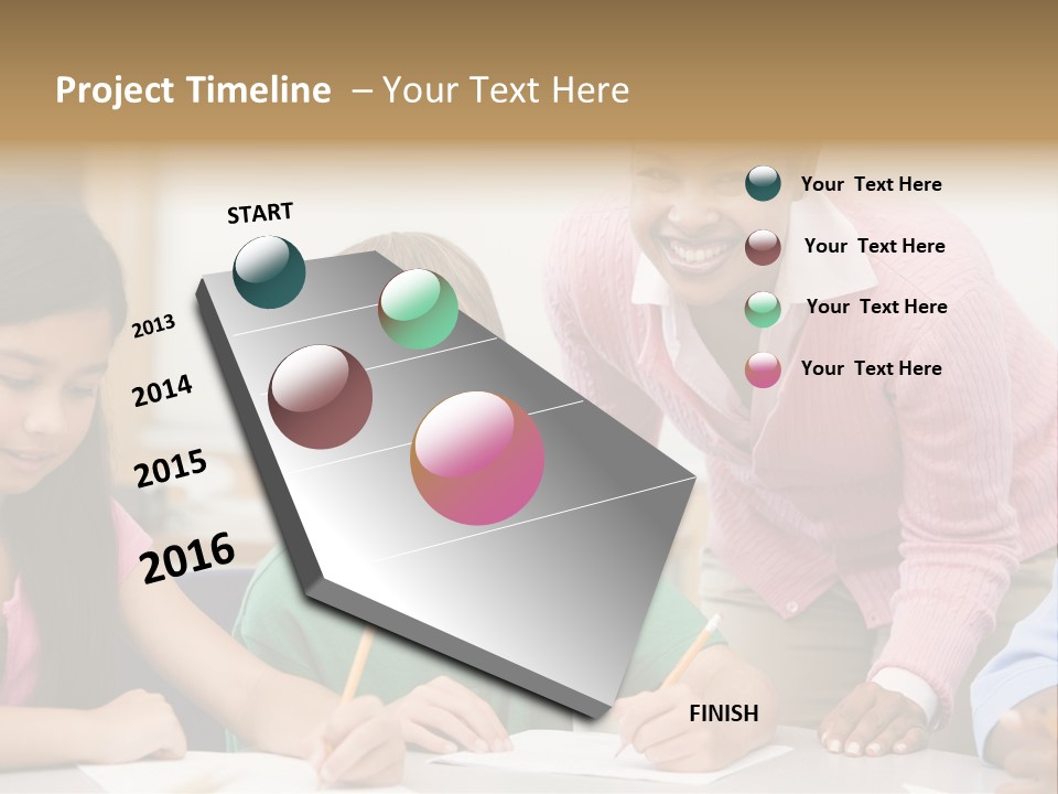 Teacher And Pupil In Elementary School Classroom Working On Written Project PowerPoint Template