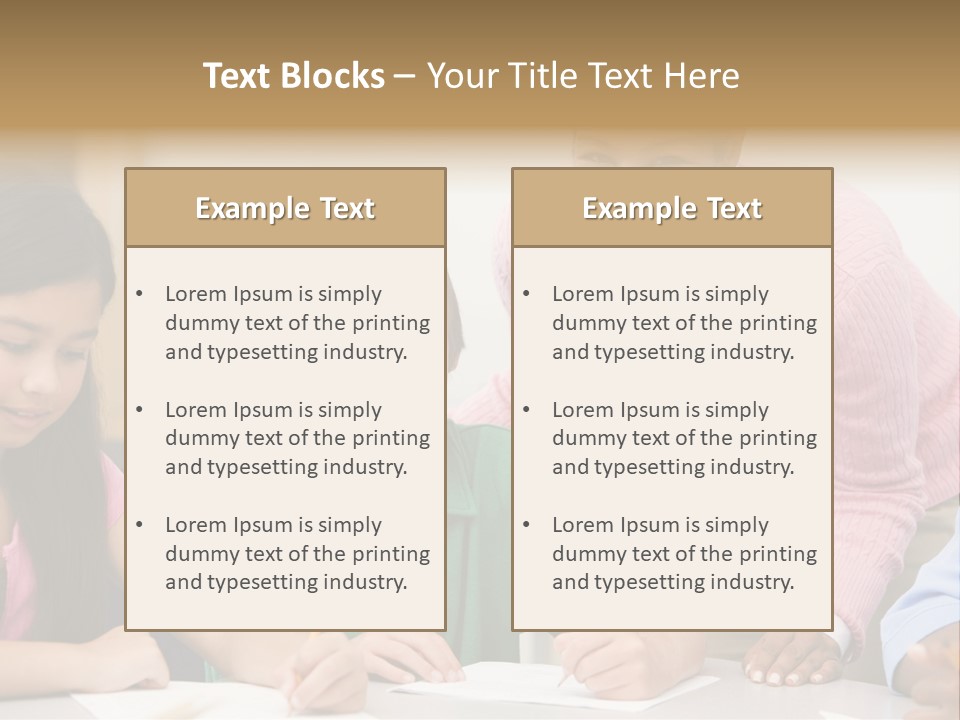 Teacher And Pupil In Elementary School Classroom Working On Written Project PowerPoint Template