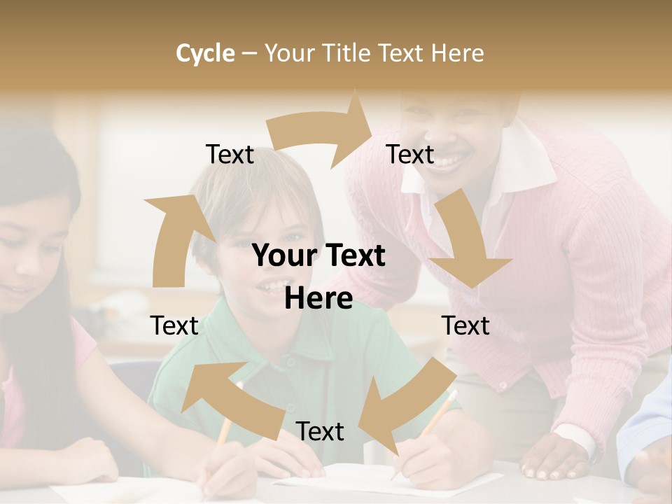 Teacher And Pupil In Elementary School Classroom Working On Written Project PowerPoint Template