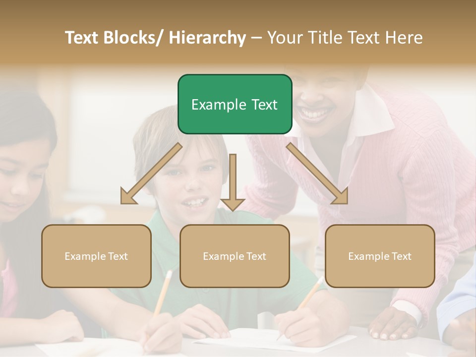 Teacher And Pupil In Elementary School Classroom Working On Written Project PowerPoint Template