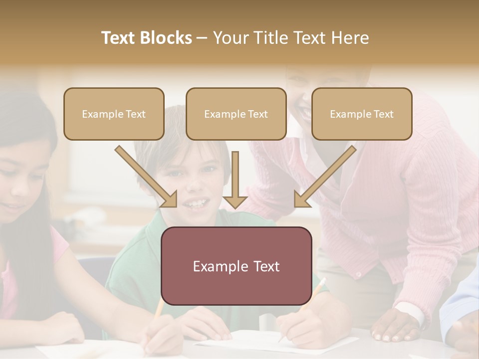Teacher And Pupil In Elementary School Classroom Working On Written Project PowerPoint Template