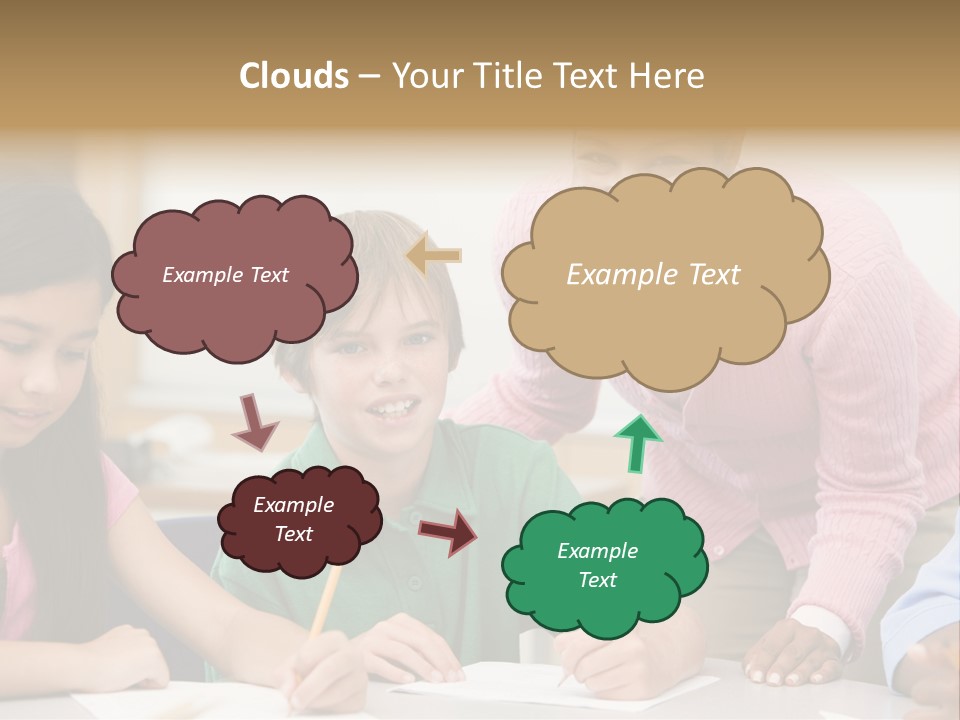 Teacher And Pupil In Elementary School Classroom Working On Written Project PowerPoint Template