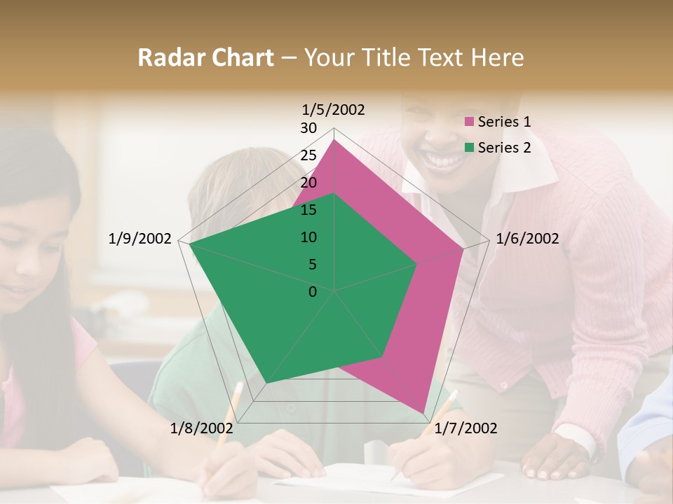 Teacher And Pupil In Elementary School Classroom Working On Written Project PowerPoint Template