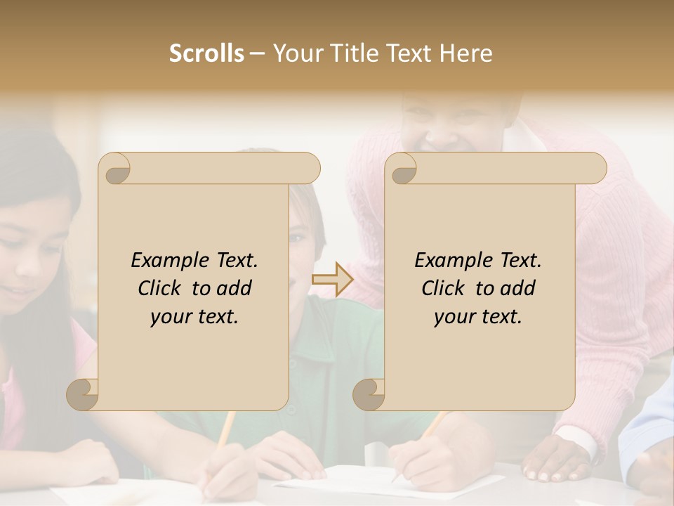 Teacher And Pupil In Elementary School Classroom Working On Written Project PowerPoint Template