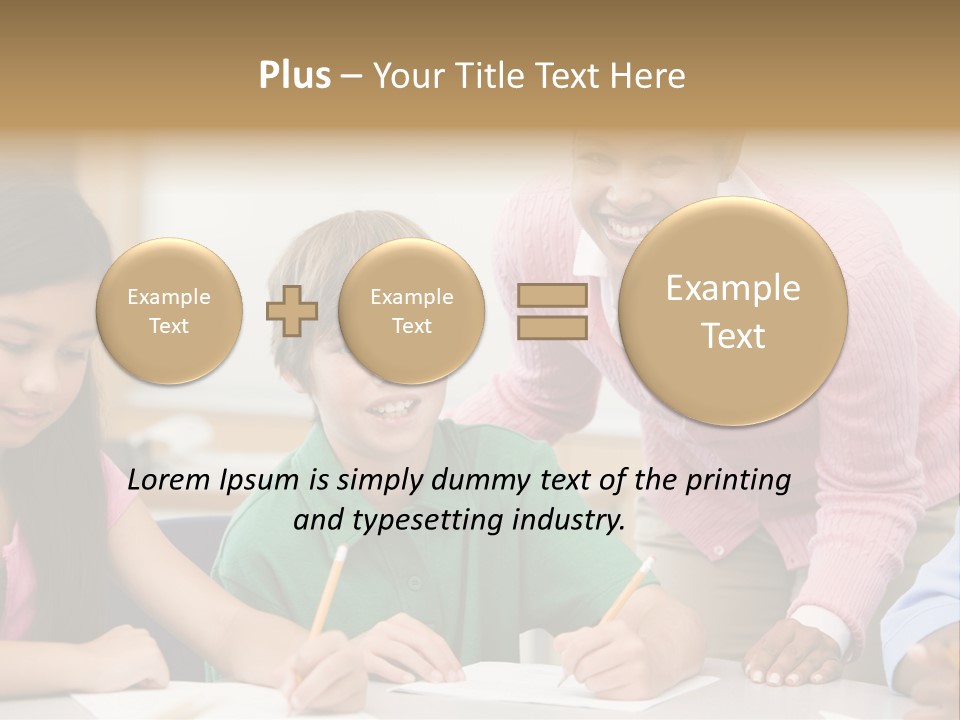 Teacher And Pupil In Elementary School Classroom Working On Written Project PowerPoint Template