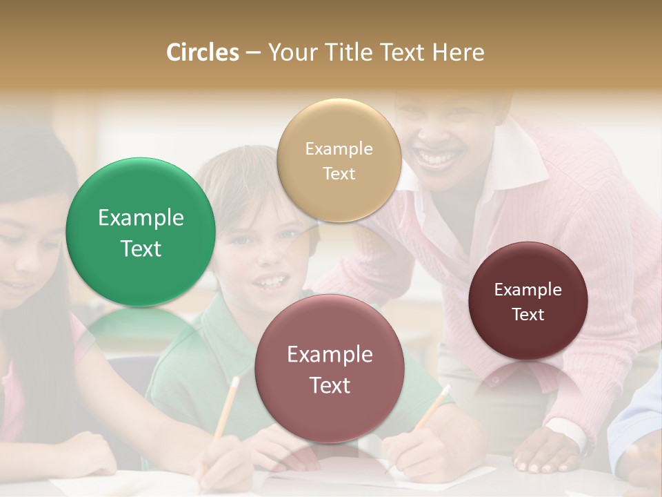 Teacher And Pupil In Elementary School Classroom Working On Written Project PowerPoint Template