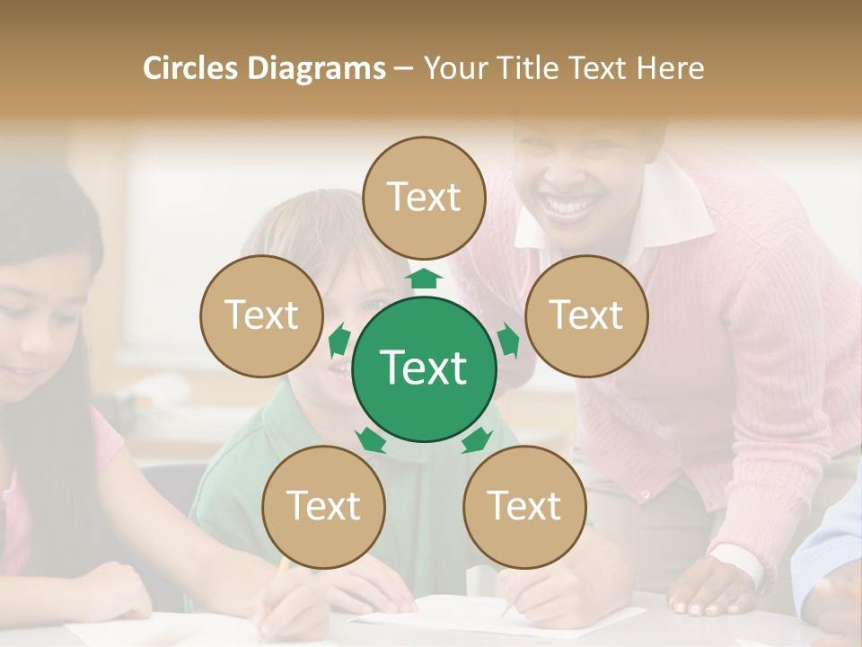 Teacher And Pupil In Elementary School Classroom Working On Written Project PowerPoint Template