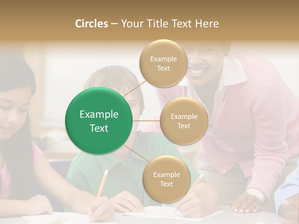 Teacher And Pupil In Elementary School Classroom Working On Written Project PowerPoint Template