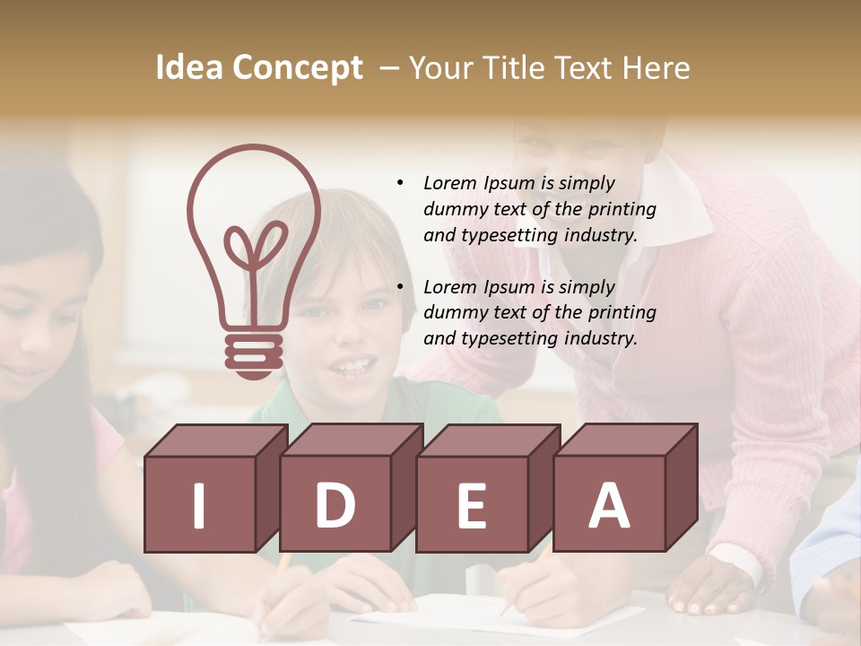 Teacher And Pupil In Elementary School Classroom Working On Written Project PowerPoint Template