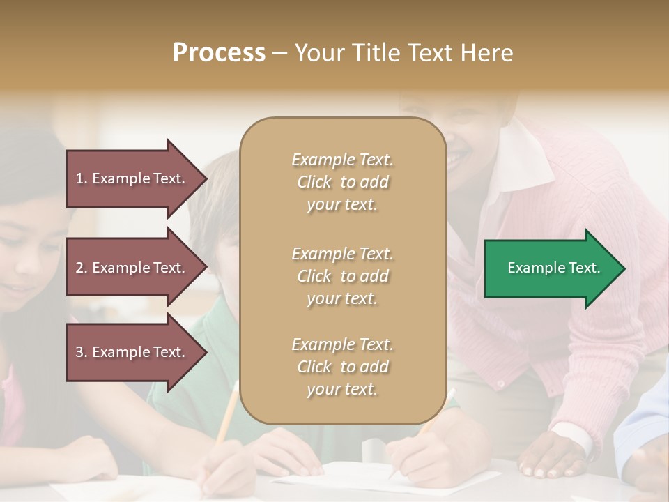 Teacher And Pupil In Elementary School Classroom Working On Written Project PowerPoint Template
