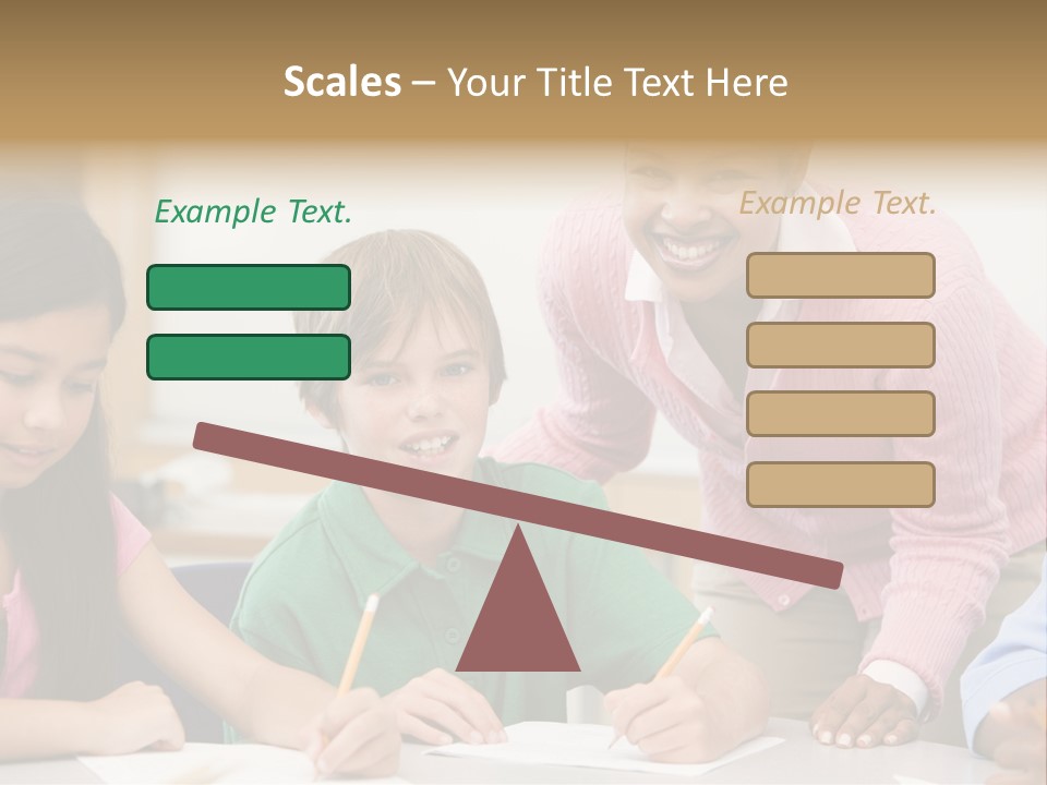 Teacher And Pupil In Elementary School Classroom Working On Written Project PowerPoint Template
