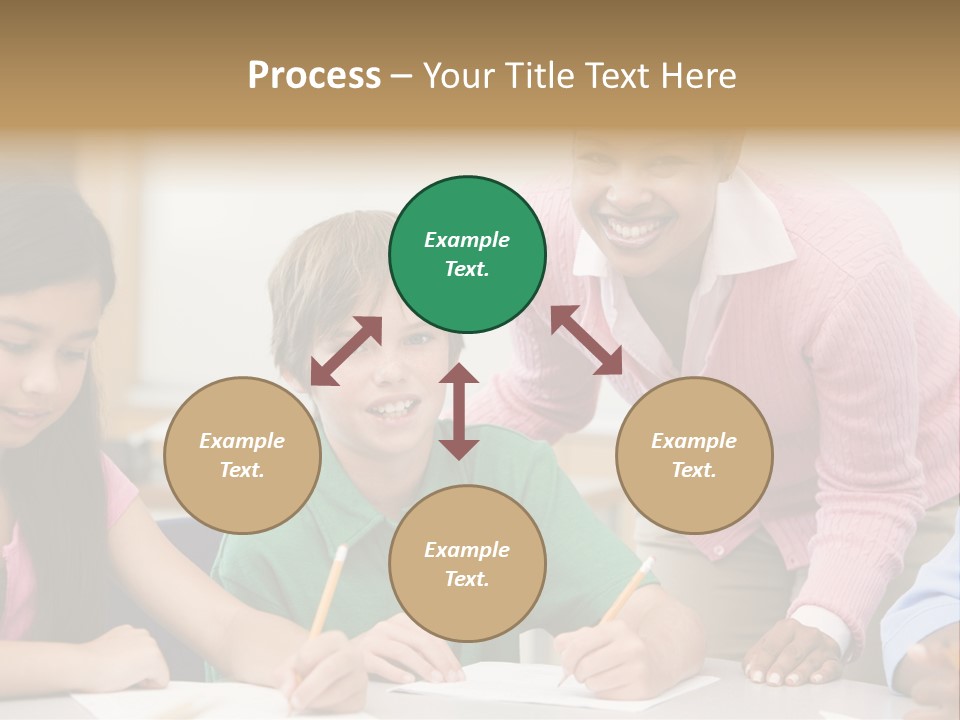 Teacher And Pupil In Elementary School Classroom Working On Written Project PowerPoint Template