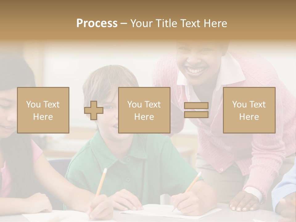 Teacher And Pupil In Elementary School Classroom Working On Written Project PowerPoint Template