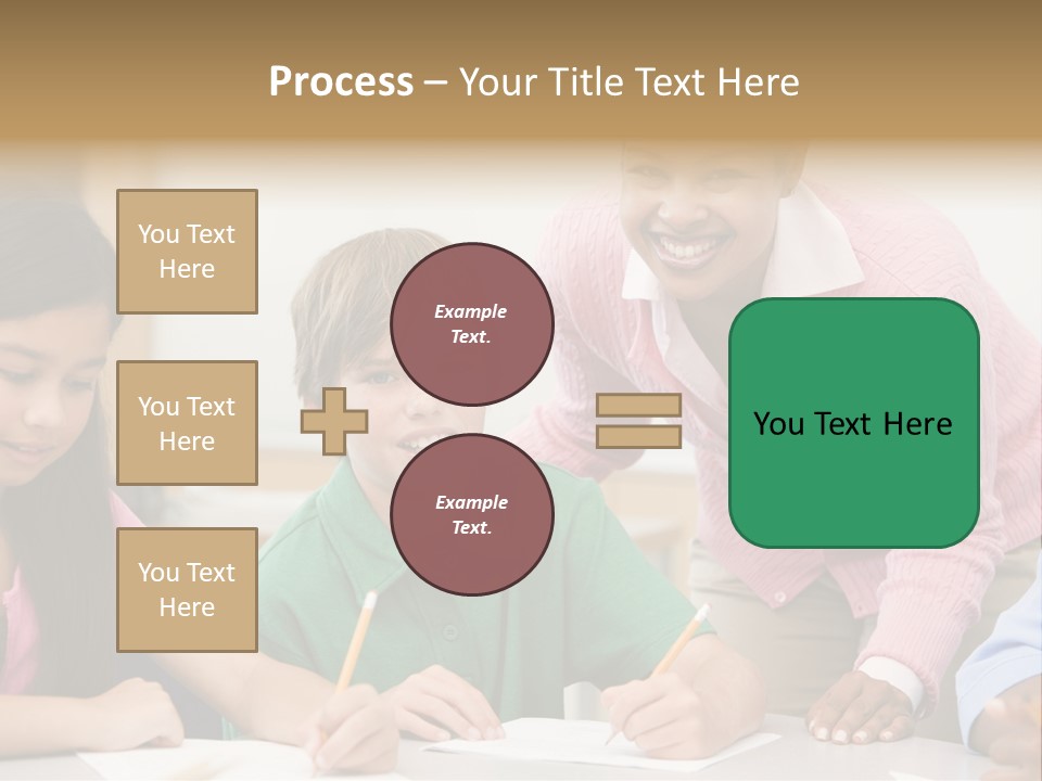 Teacher And Pupil In Elementary School Classroom Working On Written Project PowerPoint Template
