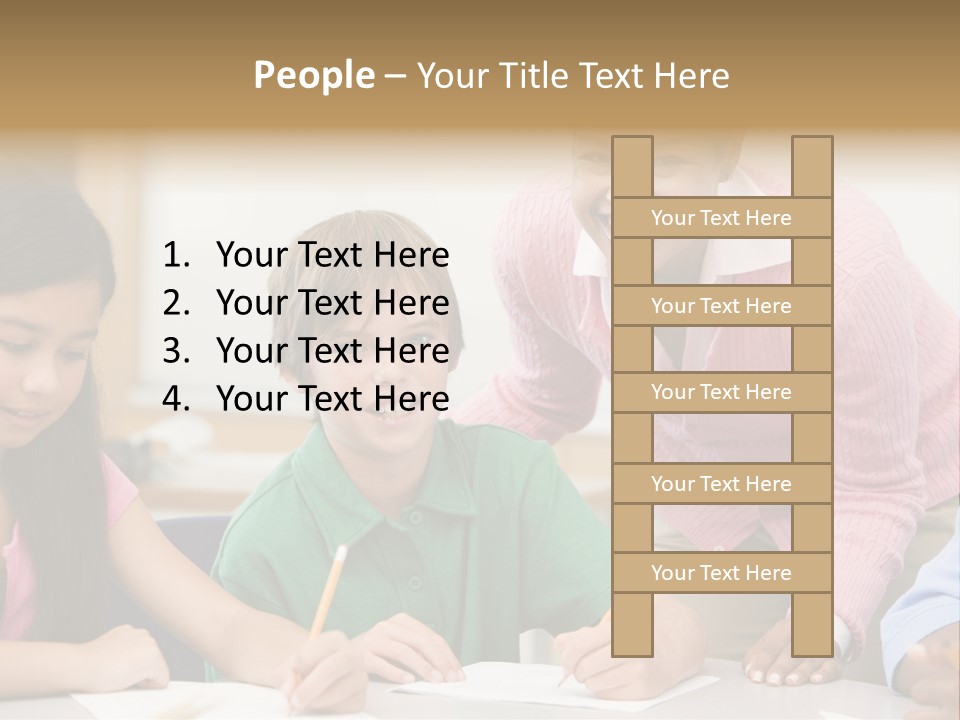 Teacher And Pupil In Elementary School Classroom Working On Written Project PowerPoint Template