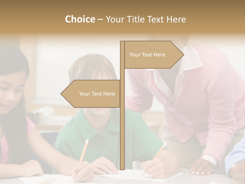 Teacher And Pupil In Elementary School Classroom Working On Written Project PowerPoint Template