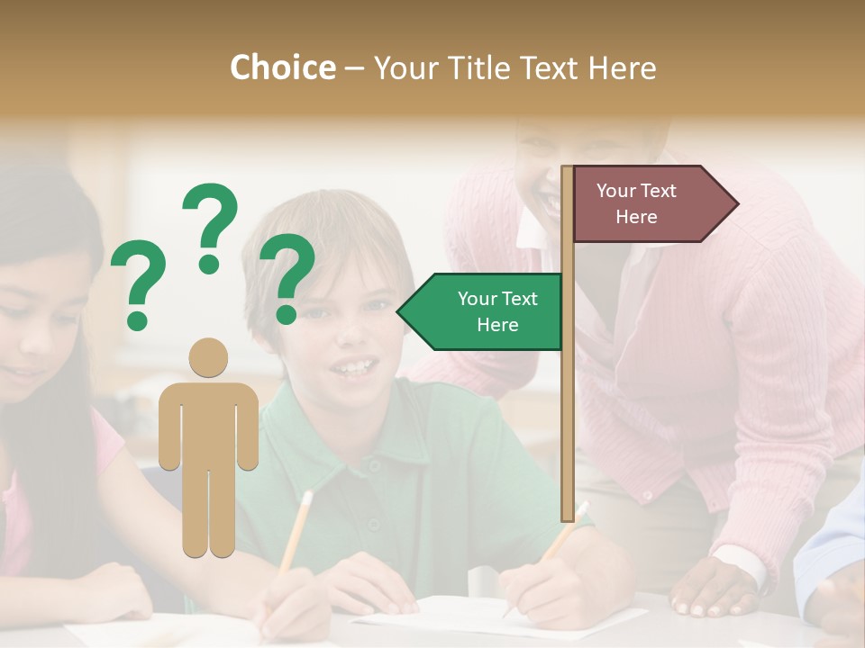 Teacher And Pupil In Elementary School Classroom Working On Written Project PowerPoint Template