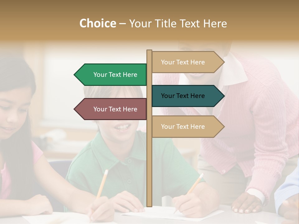 Teacher And Pupil In Elementary School Classroom Working On Written Project PowerPoint Template