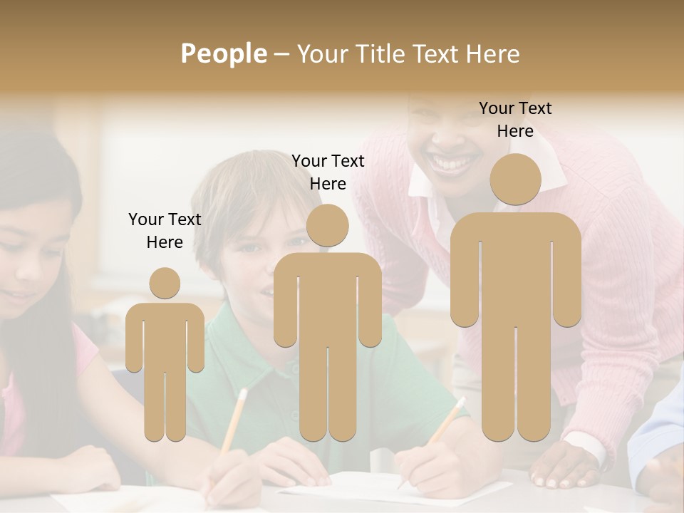 Teacher And Pupil In Elementary School Classroom Working On Written Project PowerPoint Template