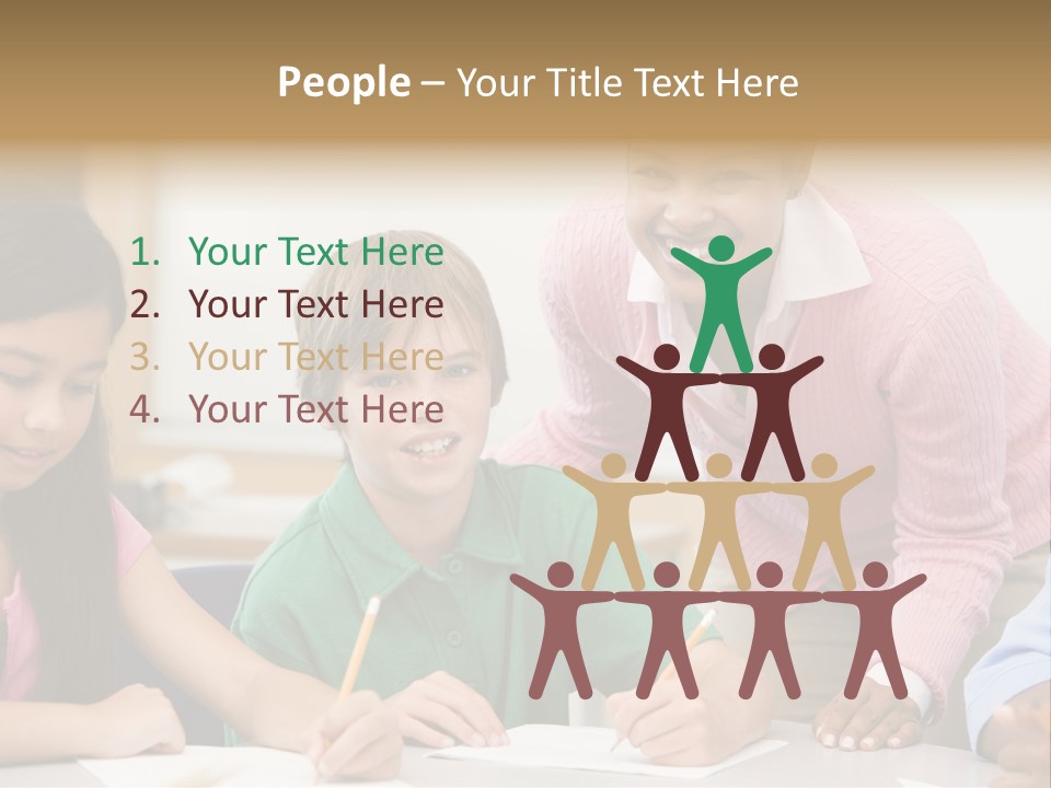 Teacher And Pupil In Elementary School Classroom Working On Written Project PowerPoint Template