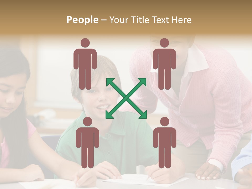 Teacher And Pupil In Elementary School Classroom Working On Written Project PowerPoint Template