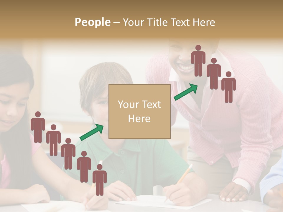 Teacher And Pupil In Elementary School Classroom Working On Written Project PowerPoint Template