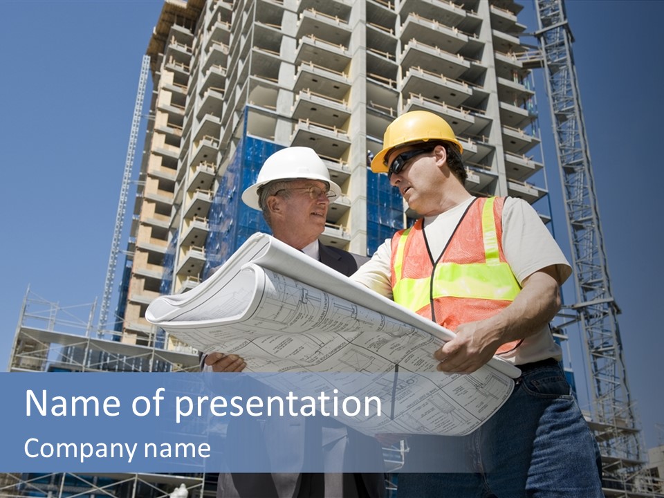 Building Developer And Contractor Discuss Progress On A Hirise Construction Project At The Job Site PowerPoint Template