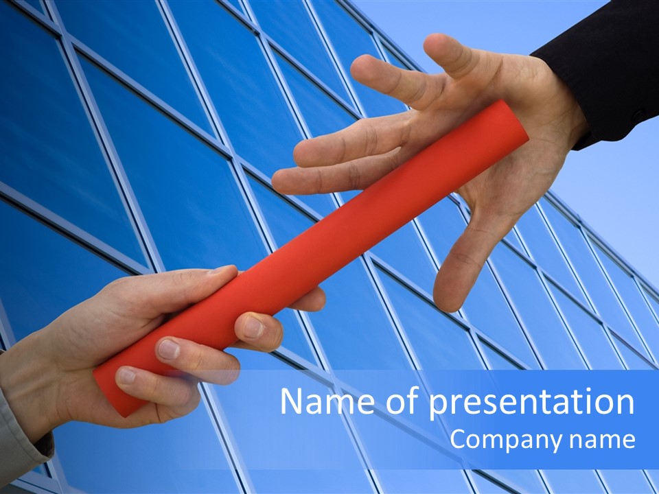 One Businessman Passing A Red Baton To Another Businessman Over Blue Office Building. Symbol Of Teamwork, Helping And Partnership. PowerPoint Template