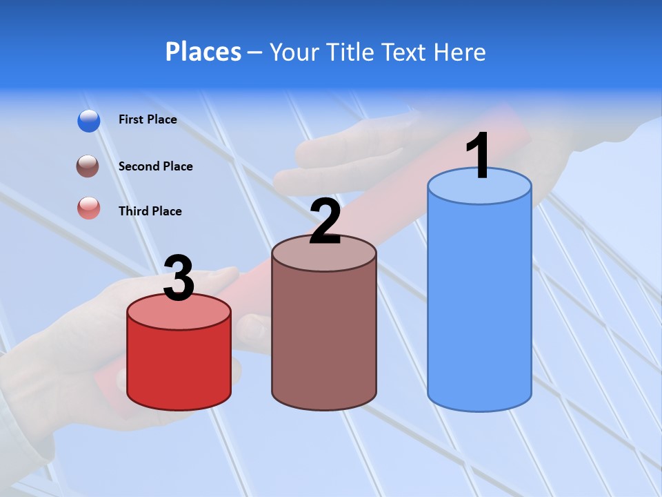 One Businessman Passing A Red Baton To Another Businessman Over Blue Office Building. Symbol Of Teamwork, Helping And Partnership. PowerPoint Template