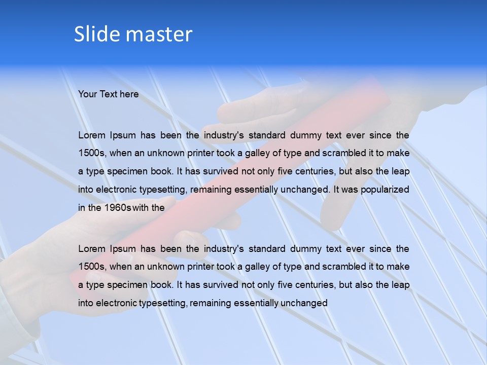 One Businessman Passing A Red Baton To Another Businessman Over Blue Office Building. Symbol Of Teamwork, Helping And Partnership. PowerPoint Template