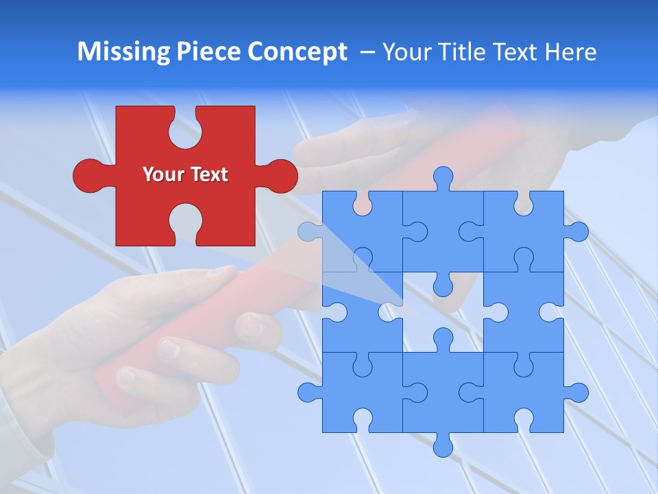 One Businessman Passing A Red Baton To Another Businessman Over Blue Office Building. Symbol Of Teamwork, Helping And Partnership. PowerPoint Template