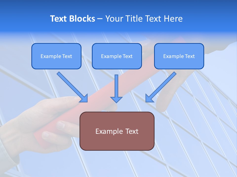 One Businessman Passing A Red Baton To Another Businessman Over Blue Office Building. Symbol Of Teamwork, Helping And Partnership. PowerPoint Template