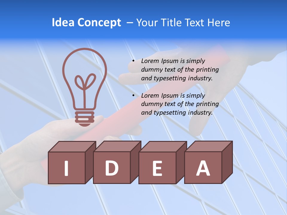 One Businessman Passing A Red Baton To Another Businessman Over Blue Office Building. Symbol Of Teamwork, Helping And Partnership. PowerPoint Template