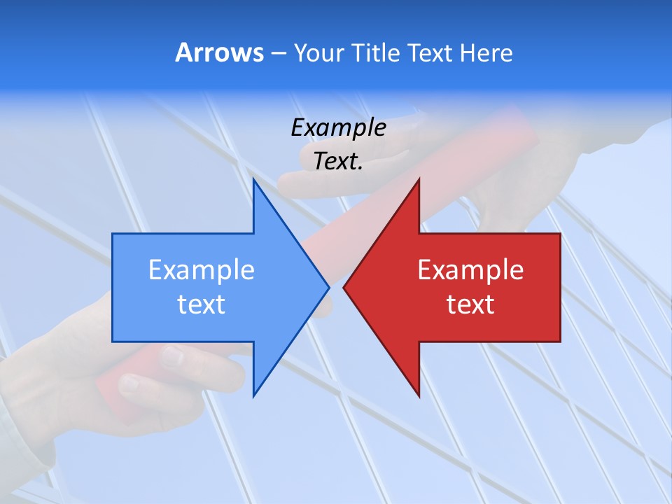 One Businessman Passing A Red Baton To Another Businessman Over Blue Office Building. Symbol Of Teamwork, Helping And Partnership. PowerPoint Template