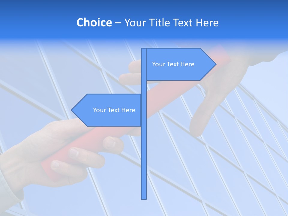 One Businessman Passing A Red Baton To Another Businessman Over Blue Office Building. Symbol Of Teamwork, Helping And Partnership. PowerPoint Template