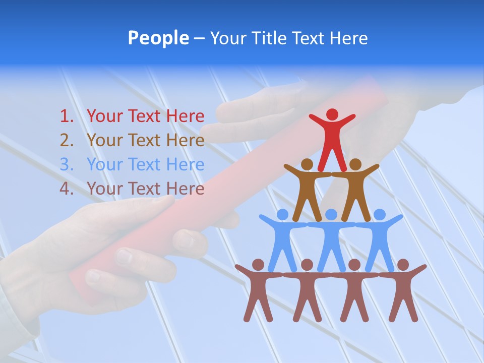 One Businessman Passing A Red Baton To Another Businessman Over Blue Office Building. Symbol Of Teamwork, Helping And Partnership. PowerPoint Template