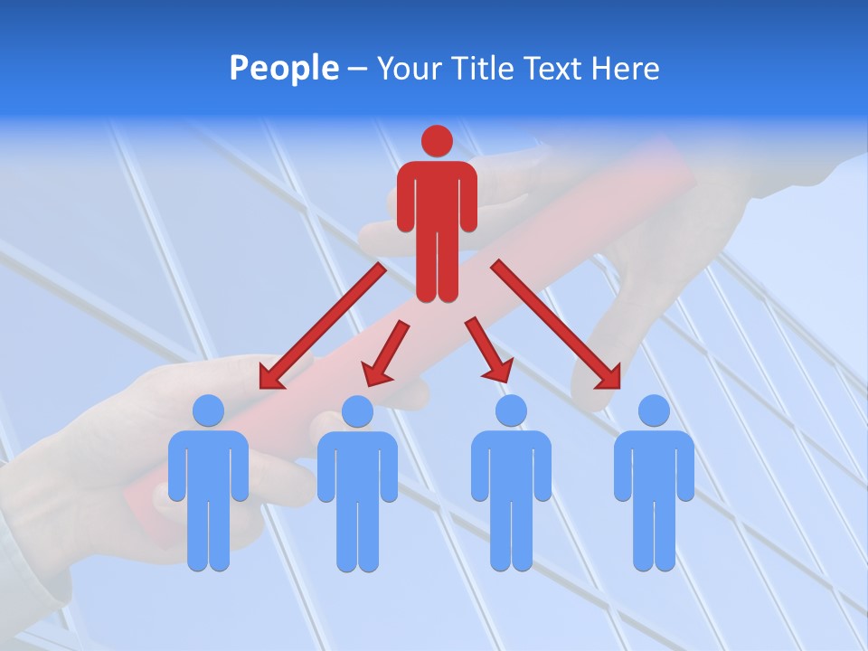 One Businessman Passing A Red Baton To Another Businessman Over Blue Office Building. Symbol Of Teamwork, Helping And Partnership. PowerPoint Template