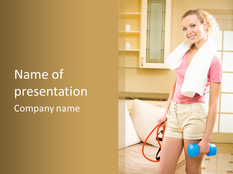 A Woman In A Pink Shirt Holding A Blue Ball And A White Towel PowerPoint Template