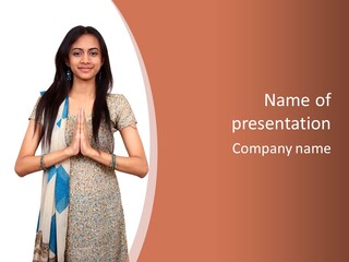A Woman Standing With Her Hands Folded In Front Of Her Chest PowerPoint Template
