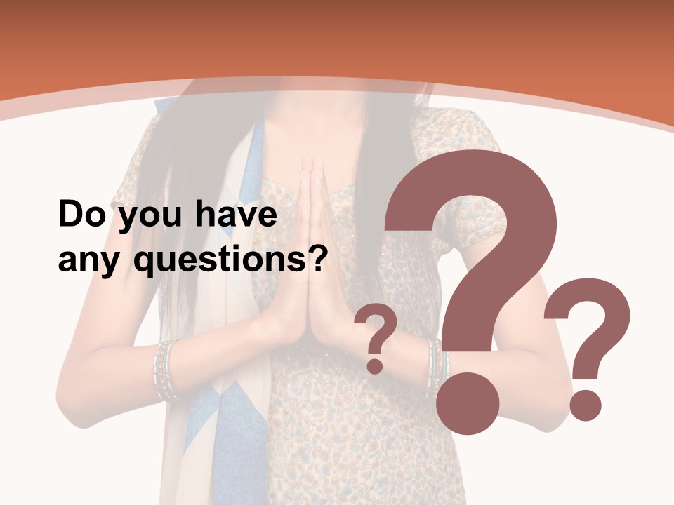 A Woman Standing With Her Hands Folded In Front Of Her Chest PowerPoint Template