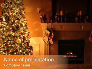 A Living Room At Christmastime Lit Only By The Fire And Christmas Tree. PowerPoint Template