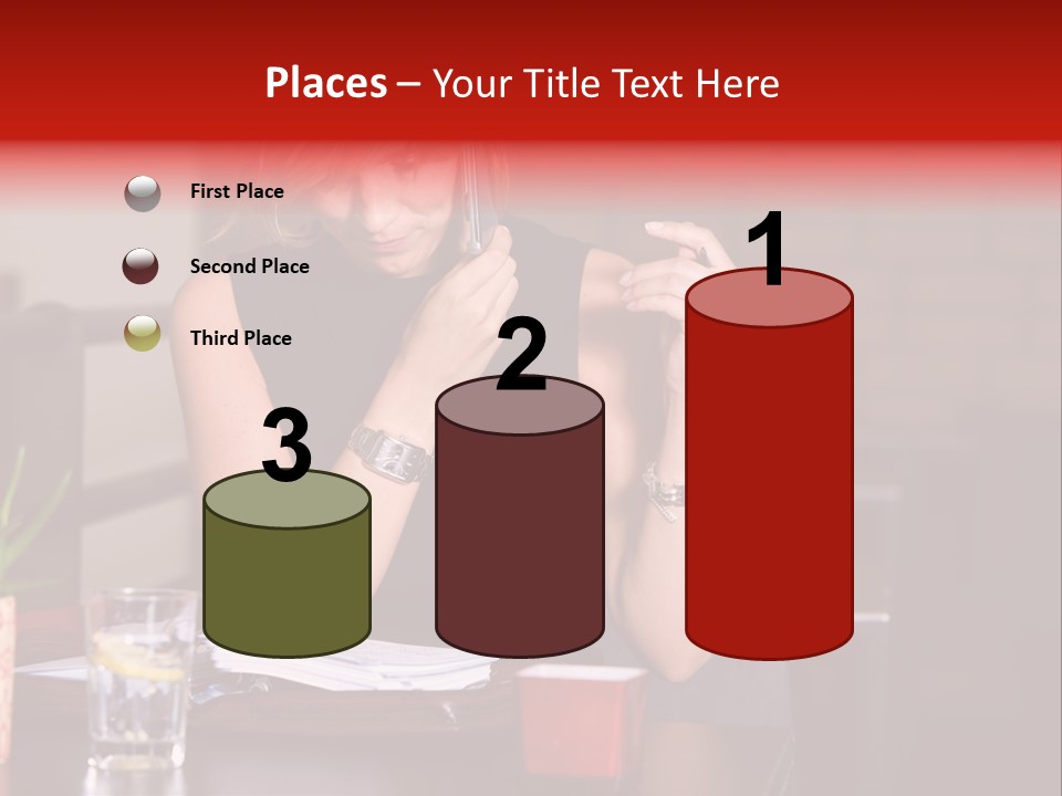 Pretty Blond Businesswoman Sitting In The Bar And Working PowerPoint Template