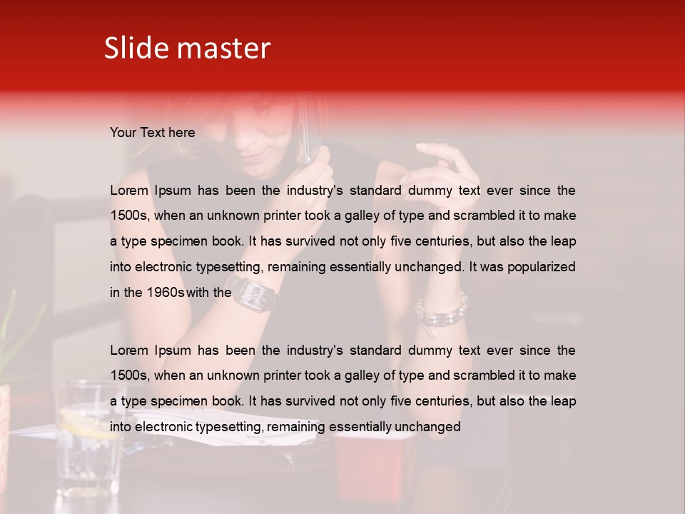 Pretty Blond Businesswoman Sitting In The Bar And Working PowerPoint Template