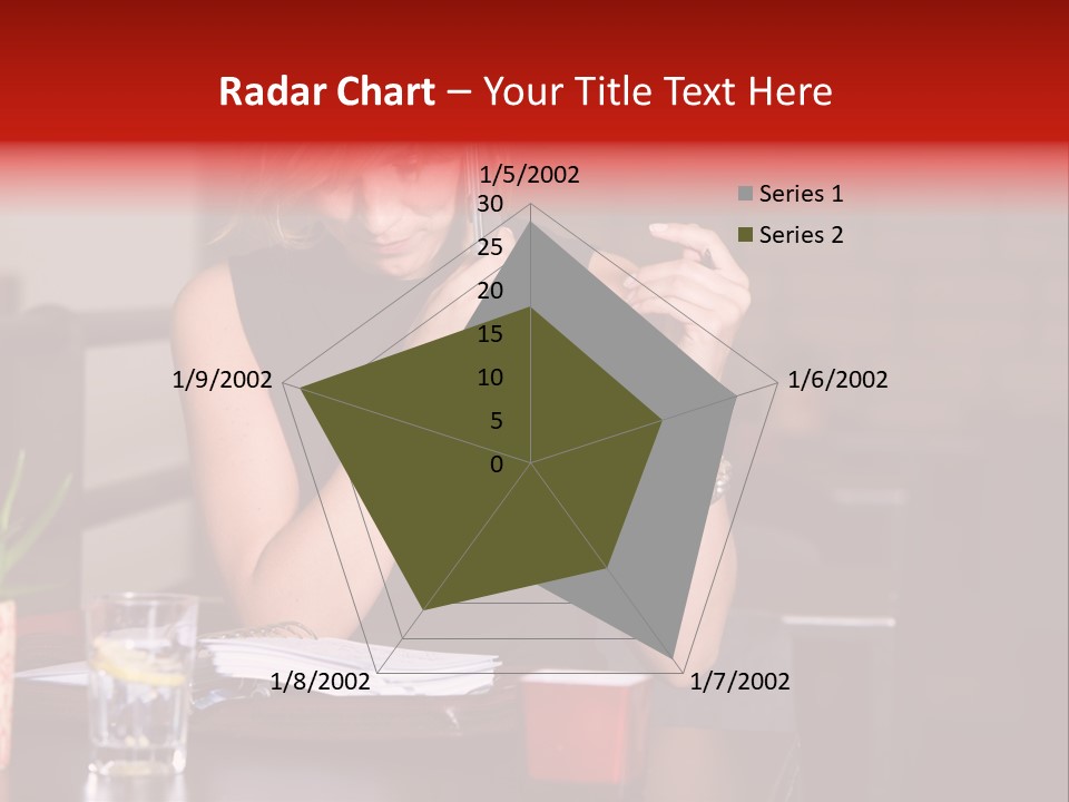 Pretty Blond Businesswoman Sitting In The Bar And Working PowerPoint Template