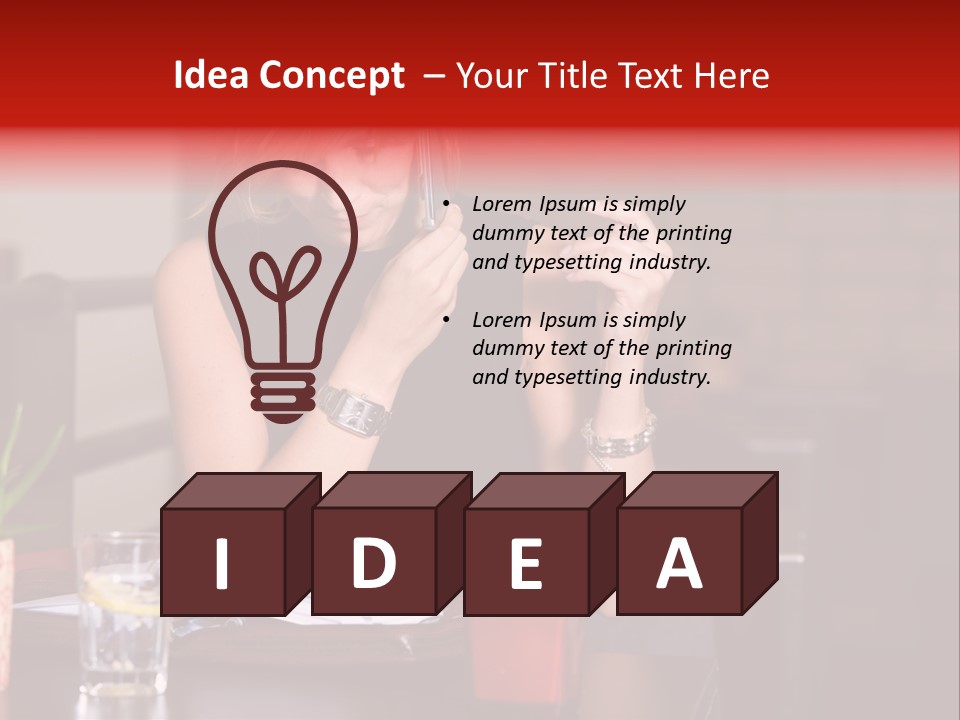 Pretty Blond Businesswoman Sitting In The Bar And Working PowerPoint Template